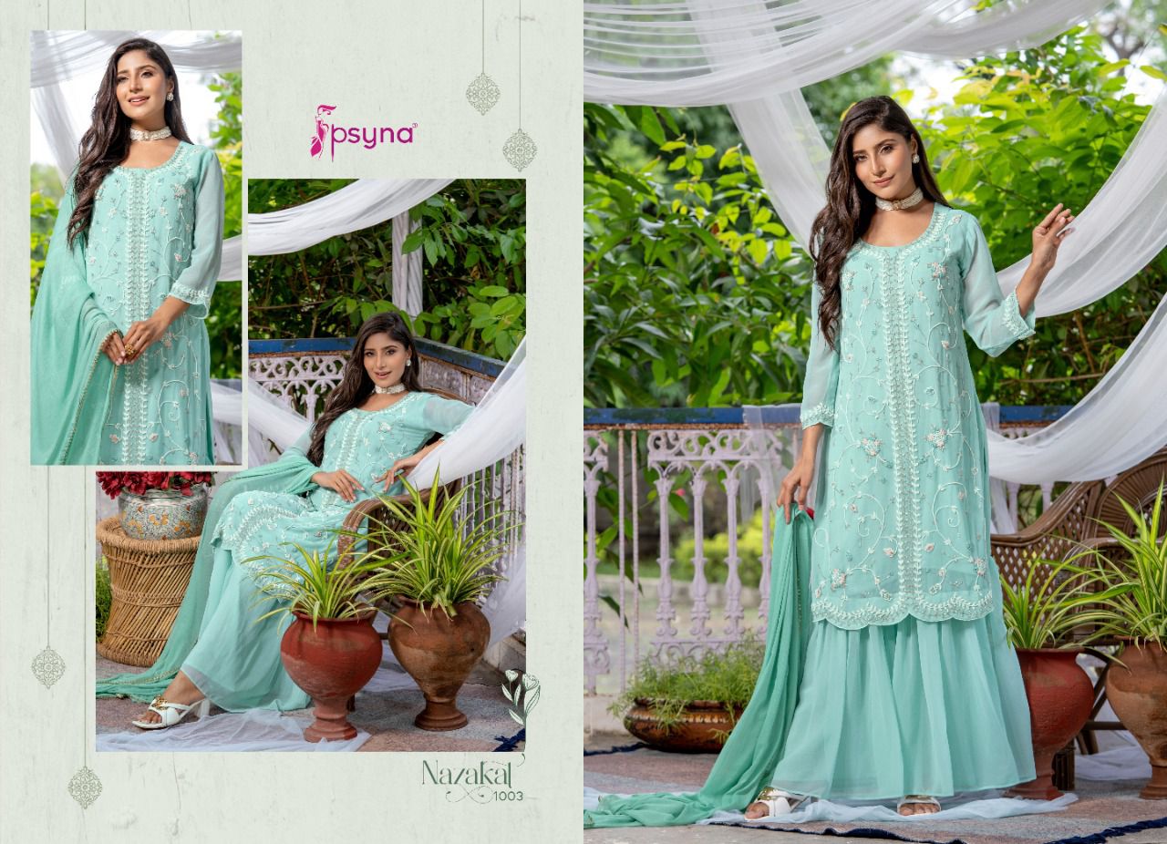 Psyna Nazakat Beautiful Fancy Georgette Festive Wear Kurti Sharara With Dupatta Collection